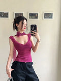 Bonnyshow  Korean Summer New Style Sexy T-Shirts Slim Coquette V-Neck Tees Purple Crop Top Three-Dimensional Flower Aesthetic High Street