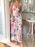 Bonnyshow  Summer Casual Vacation Style Suspender Dress Bohemian Print Cake Dresses Sleeveless Beach Long Dress Women's Vestidos