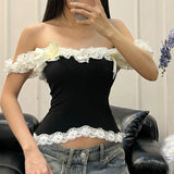 Bonnyshow Sexy Lace One-Shoulder Sleeveless Cropped Top For Women Strapless Splice Slim Fashion Y2K Hot Girl Short T Shirt Female