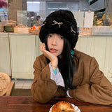 Bonnyshow Korean Bow Plush Beanies for Women Winter Thicken Warm Pullover Hat Y2K Solid Color Anti-Cold Female Ear Protection Hats