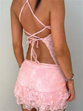 Bonnyshow  Lace Sheer A-Line Ruffle Mini Skirt Set For Women Halter Tie Backless Tank Top Short Skirt Sexy Vacation Two-Piece Outfit