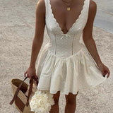 Bonnyshow  Hollow Out Embroidery Yellow Tank Dress Women V Neck Sleeveless A-line Mini Summer Dresses Holiday Party Robe