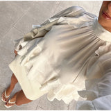 Bonnyshow  Women's Ruffled Long Sleeve Tops Elegant Round Collar Loose Blouse Decorative Layered Shirts Summer Beach Party Street Wear