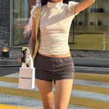 Bonnyshow  Shirred Slim Waist Top Summer Sexy Translucent Turtleneck Mesh T-shirt Polka Dot Printed Short Sleeve Tops Streetwear