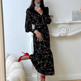 Bonnyshow  High Waist Floral Long Dress For Women Ruffled Splice Laple Long Sleeve Party Vacation Clothes Lady Retro Elegant Dress