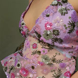 Bonnyshow  Sexy Sequin Embroidery Halter Top Women Delicate Floral Pattern Exquisite Mesh Tanks Female 2025 Summer Beach Vacation Lady Vest