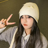 Bonnyshow Korean Bow Women Beanie Cap Autumn Winter Warm Girls Knitted Hat Solid Color Bowknot Female Thermal Skullcap