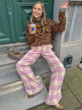 Bonnyshow  Sweet Women Pink Printed Plaid Long Pants Fashion Pockets Button High Waist Straight Trouser Female Spring  High Streetwear