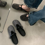 Bonnyshow  Fashion Design Crystal Rhinestone Round Toe Buckle Strap Mules Slippers Women Elegant Low Heels Casual Party Dress Shoes