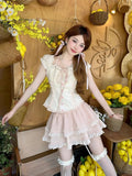 Bonnyshow  Summer Sweet Girls Two Piece Skirt Sets Lace Splicing Puff Sleeve Slim Shirt Tops + High Waist A Line Mini Skirt Outfits