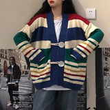 Bonnyshow  Korean Lazy Wind Rainbow Baggy Cardigans Women Vintage Classic V-Neck Pockets Students Autumn Knitted Cozy Leisure Sweaters