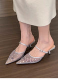 Bonnyshow  Fashion Crystal Mesh Pointed Toe Rhinestone High Heels Mules Sandals Women Pumps Shoes Buckle Strap Sexy Stilettos Mujer