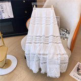 Bonnyshow Embroidery Eyelet Cut-out Maxi Skirt White Cotton Semi Sheer Flowy Long Skirt Women Boho Summer Vacation Fairycore Outfit