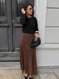 Bonnyshow Autumn Retro New Fashionable Matte Fleece Half Skirt Brown Slim Fit High Waisted Straight Leg Women's Casual Long Skirt