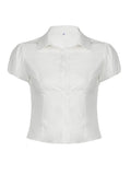 Bonnyshow  Casual Solid Tee Shirts for Women Turn-down Collar Button Up Corset Blouses Korean Short Sleeves Fashion Cute Tops
