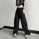 Bonnyshow Street Fashion Pocket Cargo Pants Women Loose High Waist Thin Sweatpants All-match Korean Style Lazy And Handsome Trousers