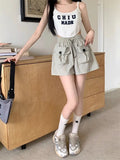 Bonnyshow  Design Sense Double Pocket Shorts Women'S Solid Spliced Button Pocket Drawstring Loose Casual High-Waist Wide Leg Trousers