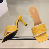 Bonnyshow  Elegant Lace Bow Decorated Brand Slipper Women Fashion Square Toe Thin Heel Slide Sandal Sweet Party Dress Shoe Zapatos De Mujer