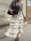 Bonnyshow  Ruffled Midi Skirt Womens Vintage Flounce Skirt Woman New Fashion Elegant Solid Long Skirts autumn Evening Party Skirts