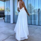Bonnyshow  Summer Solid Color Halter Lace-up Dress Elegant Backless High Waist Hem Long Party Dress Lady Sleeveless Mesh Pleated Boho Dress