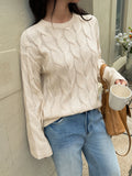 Bonnyshow  Solid Twisted Flower Sweater Women Round Neck Long Sleeve Knitted Jumper Autumn New Casual Fashion Simple Pullover Sweaters Lady