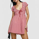 Bonnyshow  Women Y2k Gingham Playsuit Short Sleeve Smocked Babydoll Bodysuit Rompers Flowy A-Line Club Dress Retro Streetwear