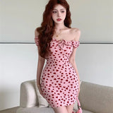 Bonnyshow  New Off Shoulder Dress Dress Bow Design Sweet Heart-Print Lovely Summer Slash Neck Sexy Hot Korean Style Skirt Party Dress