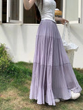 Bonnyshow  French Elegance Women Midi Skirts Y2K Summer Streetwear Patchwork A Line Pleated Skirts High Waist Loose All-Match Long Skirts