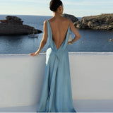 Bonnyshow  Elegant Split Women' s Dresses Solid Square Collar Backless Sleeveless Long Dress Female Summer Fashion Party Evening Vestidos