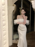 Bonnyshow Celebrity Fashion Off Shoulder White Birthday Dress Elegant Lace Up Back Feather Fur Slash Neck Strapless Evening Party Dress