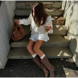 Bonnyshow  Summer Solid  Fashion Women's Embroidery Blouse Puff Sleeve Single Breasted Loose Versatile Shirt Casual Female Top 2025