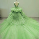 Bonnyshow Real Image Big Volume Pleated Tulle Evening Dresses Ruffles Trimmed Tutu Tulle Wedding Gowns Bridal Dress