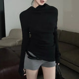 Bonnyshow Korean Retro Strapless Asymmetric Casual Long-sleeved Sweater Women 2025 Spring New Slant Collar Pleated Sexy Slim Knitted Tops