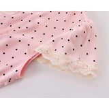 Bonnyshow  Pink Dot Print Elegant Long Dresses Women Lace Trim V Neck Short Sleeve A-line Summer Dress Party Maxi Robe