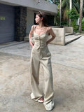 Bonnyshow  Trendy Striped Suits for Women Chic Single Breasted Suspender Vest High Waist Wide Leg Pants 2025 New Elegant Lady 2 Piece Sets