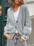 Bonnyshow  Solid Simple Loose Cardigan Sweater Women V Neck Single Breasted Long Sleeve Knitwear Autumn Casual Fashion Knitted Outerwear