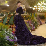 Bonnyshow Amazing Dark Purple 3D Flower Long Evening Dresses With Detachable Train Full Sleeves Modest Velvet Long Formal Dress Prom Gowns