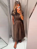Bonnyshow  Elegant Women Short Sleeve Midi Dress New Spring Summer Sexy Round Neck Draped High Waist Robe Office Party Long Dresses
