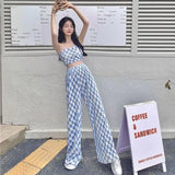 Bonnyshow  2 Piece Set Women Strapless Crop Top + Wide Leg Pants Suits Female Sexy Outfits For Woman Ins New Summer Fashion Casual Plaid