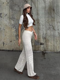 Bonnyshow  Summer Sexy White Knitted Hollow Out Long Wide Pants Retro Lace Up High Waist Slim Fit Loose Trousers Lady Commute Streetwear