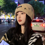 Bonnyshow Korean Letter Knit Beanie Cap Women Winter Thickened Warm Pullover Hat Solid Color Star Female Ski Woollen Caps