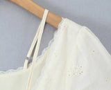 Bonnyshow  Retro Beige Hollow Out Embroidery Mini Dress Sweet Girl Short Sleeve A-line Slim Summer Dresses Holiday Robe