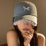 Bonnyshow Denim Diamond Bow Kont Baseball Cap Korean  Y2k Fashions Lace Baseball Hip Hop Hat Summer Designer Sun Protection Beach Hat