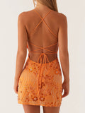 Bonnyshow  Women s Sequin Floral Embroidered Sleeveless Mini Dress with Cross Back Spaghetti Straps for Summer Beach Party