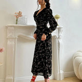 Bonnyshow  High Waist Floral Long Dress For Women Ruffled Splice Laple Long Sleeve Party Vacation Clothes Lady Retro Elegant Dress