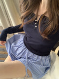 Bonnyshow  Fashion Blue Striped Lace Up Pumpkin Flower Bud Shorts Skirt Womne's Elastic High Waist Pink Hot Pants Summer New 7AB9337