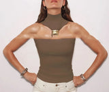 Bonnyshow  Summer Slim Top Hollow Out Shoulder Crop Vest Female Elegant Streetwear Sexy Backless Metal Ring Halter Women Tanks 2025 New