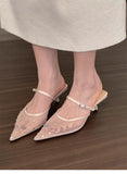 Bonnyshow  Fashion Crystal Mesh Pointed Toe Rhinestone High Heels Mules Sandals Women Pumps Shoes Buckle Strap Sexy Stilettos Mujer