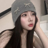 Bonnyshow Solid Color Bow Knitted Hat Women Korean Y2K Girls Beanie Cap Autumn Winter Warm Female Ear Protection Hats Gorras