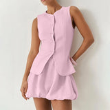 Bonnyshow  Two Pieces Set Women's Vest Skort Suits Sleeveless Button-front Top Ruffled Loose Shorts Summer Office Casual Daily Outfit